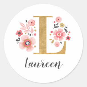 Elegant Pink Monogram Floral Initial Letter L Classic Round Sticker
