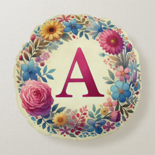 Elegant Pink Monogram Frame Round Cushion