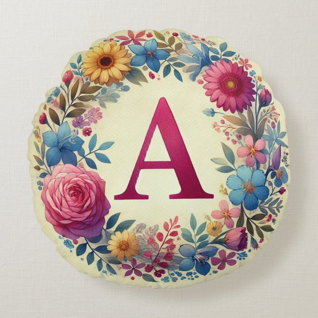 Elegant Pink Monogram Frame Round Cushion (Front)