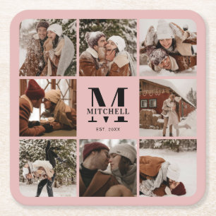 Elegant Pink Monogram Initial Family Name Photo Square Paper Coaster