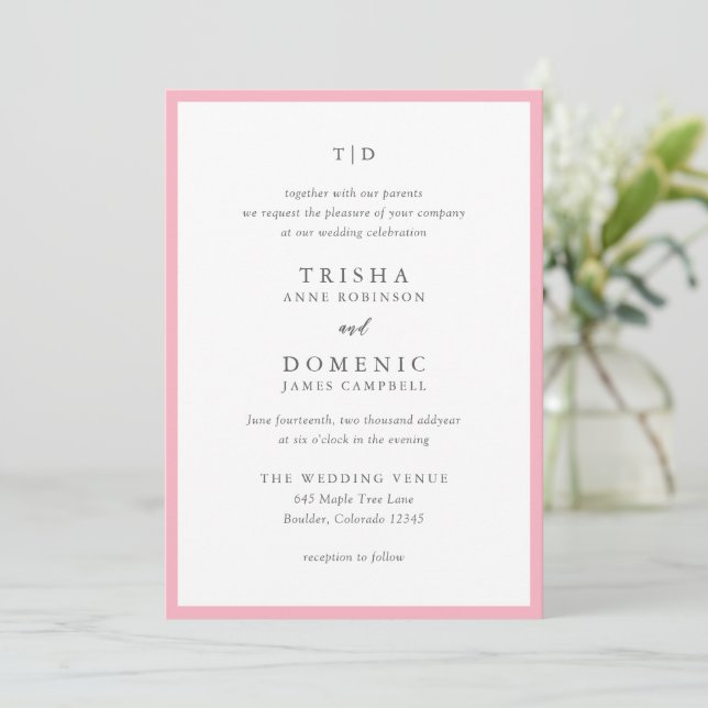 Elegant Pink Monogram Modern Wedding Invitation (Standing Front)