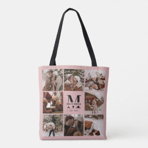 Elegant Pink Monogram & Photo Collage Personalised Tote Bag