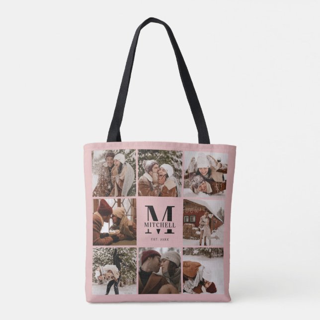 Elegant Pink Monogram & Photo Collage Personalised Tote Bag (Back)