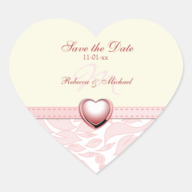 Elegant Pink Monogram Save the Date Heart Sticker (Front)