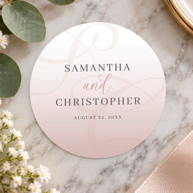 Elegant Pink Monogram Script Wedding Classic Round Sticker (Creator Uploaded)