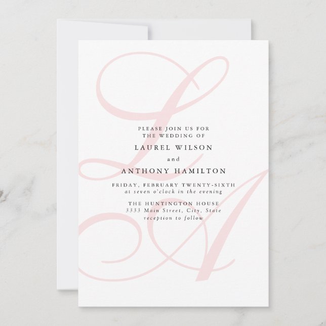 Elegant Pink Monogram Wedding Invitation (Front)