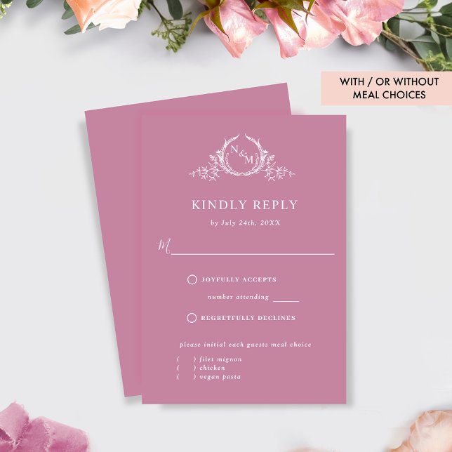 Elegant Pink Monogram With/Without Meals RSVP Card (Creator Uploaded)