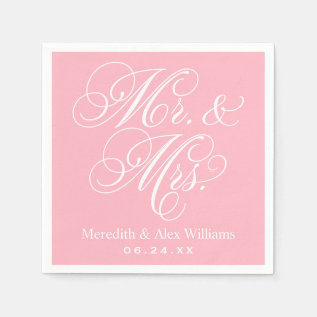 Elegant Pink Mr and Mrs Script Custom Monogram Napkin (Front)