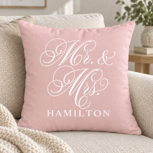 Elegant Pink Mr and Mrs Script Wedding Cushion