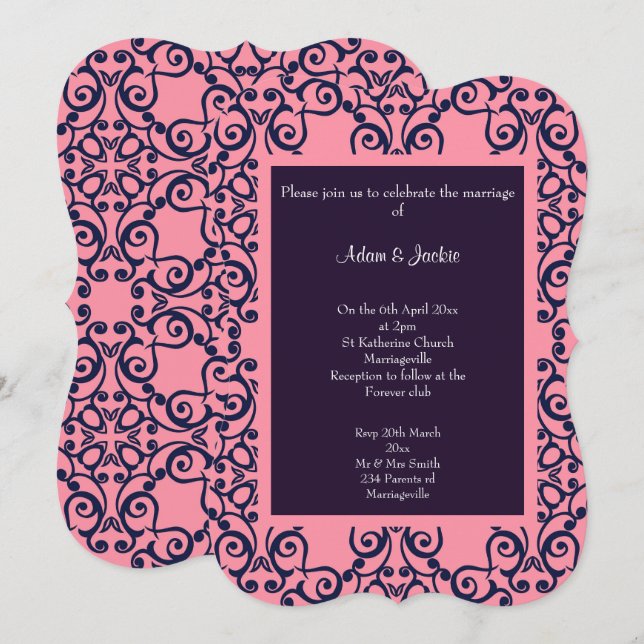 Elegant Pink Navy Abstract Pattern WEDDING Invitation (Front/Back)