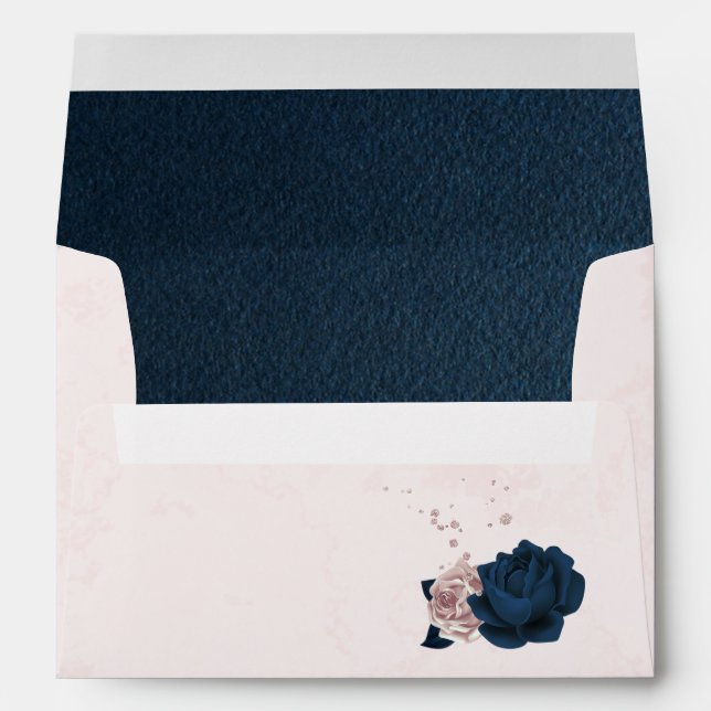 elegant pink & navy blue flowers & leaves envelope (Back (Bottom))
