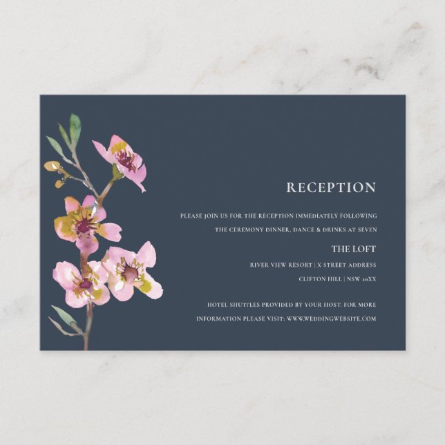 ELEGANT PINK NAVY CHERRY BLOSSOM FLORAL RECEPTION ENCLOSURE CARD (Front)