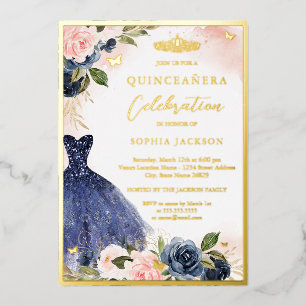 Elegant Pink Navy Floral Tiara Dress Quinceanera