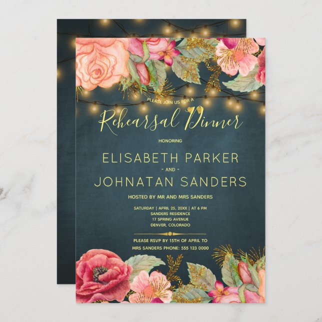 Elegant pink navy gold lights rehearsal dinner invitation (Front/Back)