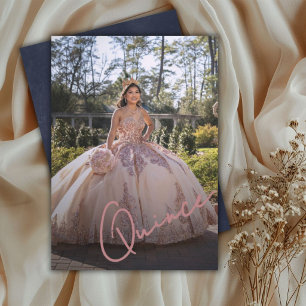 Elegant Pink & Navy Quinceañera Photo Invitation