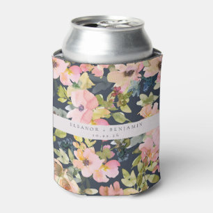 Elegant Pink Navy Watercolor Floral Custom Wedding Can Cooler