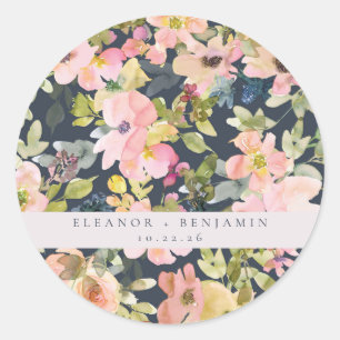 Elegant Pink Navy Watercolor Floral Custom Wedding Classic Round Sticker