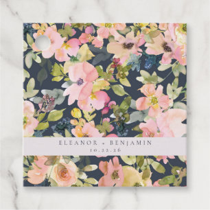 Elegant Pink Navy Watercolor Floral Custom Wedding Favour Tags