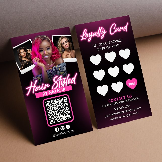 Elegant Pink Neon Hair Salon Photo Reward Loyalty Card (Creator Uploaded)