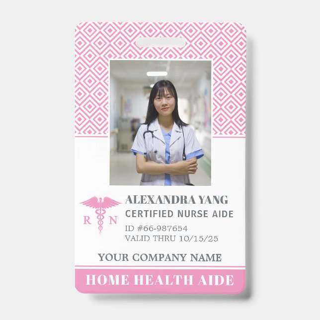 Elegant Pink Nurse Photo Badge ID Badge (Front)