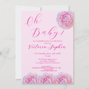 Elegant Pink Oh Baby Girl Script Peony Baby Shower Invitation