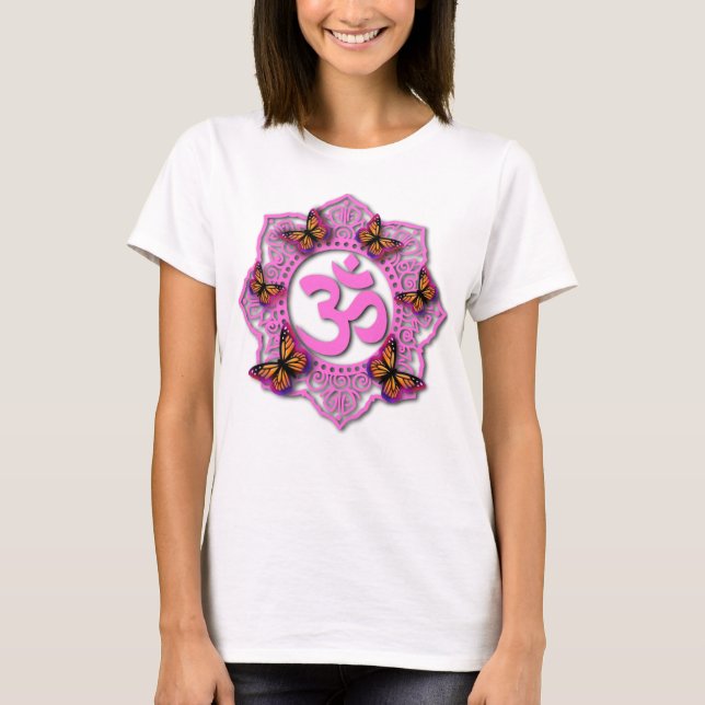 Elegant Pink ohm mandala pink purple butterflies T-Shirt (Front)