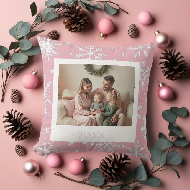 Elegant Pink one photo Snowflakes Cushion (Elegant Pink one photo Snowflakes Throw Pillow)