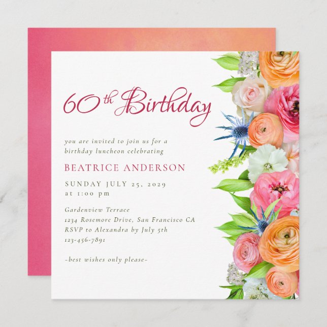 Elegant Pink Orange Floral 60th Birthday  Invitation (Front/Back)