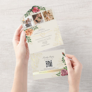 Elegant Pink Orange Floral Wedding  All In One Invitation