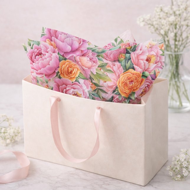 Elegant Pink & Orange Peonies Floral Tissue Paper (Creator Uploaded)