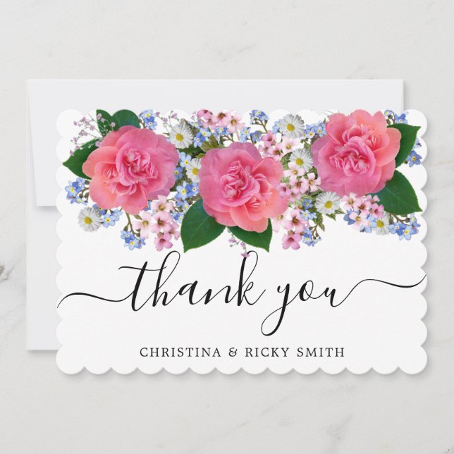 Elegant Pink Orange Rose Bouquet Flowers Wedding Thank You Card (Front)