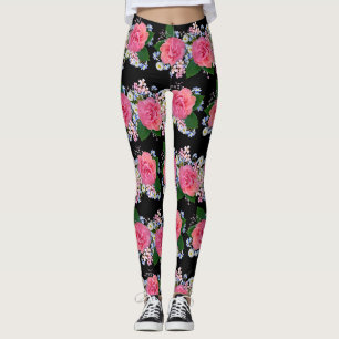 Elegant Pink Orange Rose White Flower Black Leggings