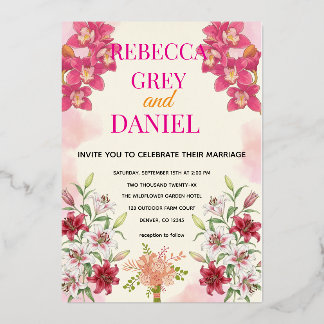 Elegant Pink Orchid and Lily Floral Invitation 
