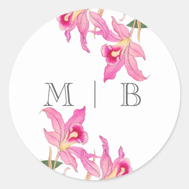 Elegant Pink Orchid Blooms Initials Monogram Classic Round Sticker (Front)