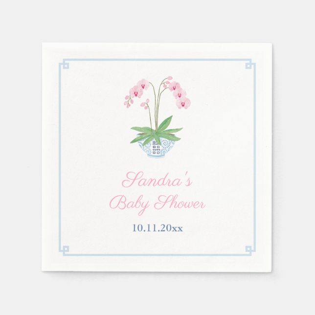 Elegant Pink Orchid Chinoiserie Baby Shower Party Napkin (Front)