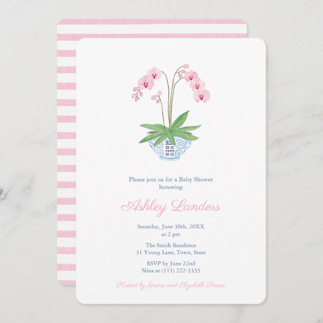 Elegant Pink Orchid Chinoiserie Girl Baby Shower I Invitation (Front/Back)
