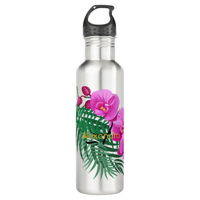 Elegant Pink Orchids Green Palm Leaves Monogram St 710 Ml Water Bottle (Front)