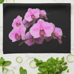 Elegant Pink Orchids Phalaenopsis on Black Tea Towel