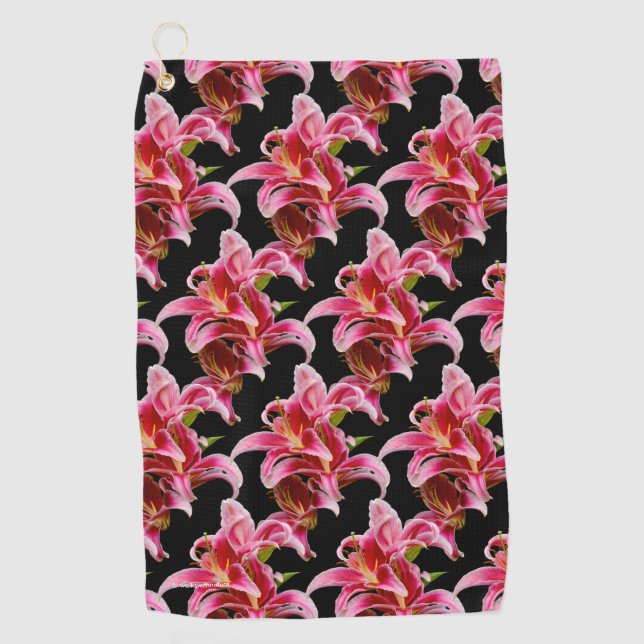 Elegant Pink Oriental Lilies Golf Towel (Front)