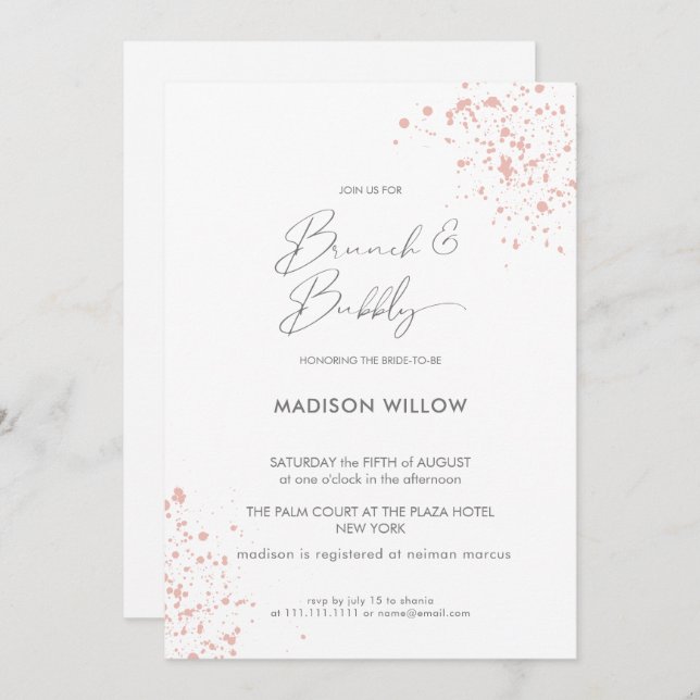 Elegant Pink Paint Brunch Bubbly Bridal Shower Invitation (Front/Back)