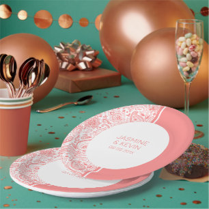 Elegant Pink Paisley On White & Pink Split Screen Paper Plate