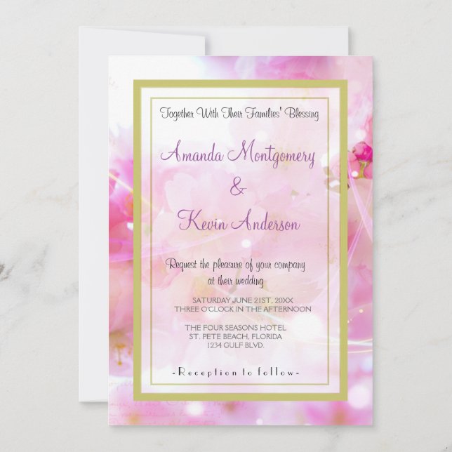 Elegant Pink Pastel Cherry Blossoms Wedding Invitation (Back)