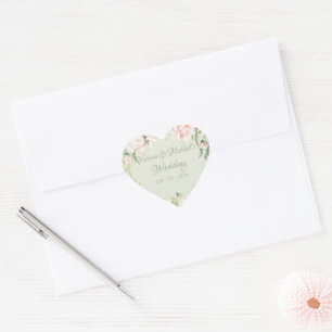Elegant Pink & Pastel Green Floral Wedding  Heart Sticker