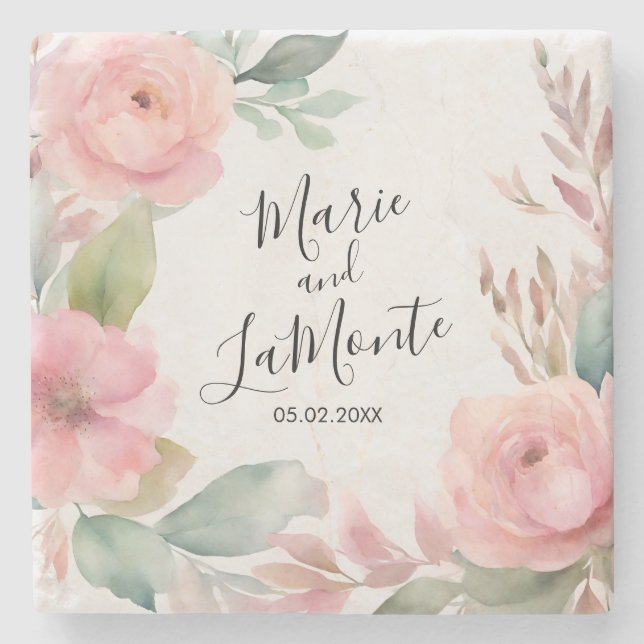 Elegant Pink Pastel Watercolor Floral Wedding  Stone Coaster (Front)