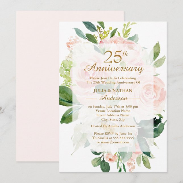 Elegant Pink Peach Bloom 25th Wedding Anniversary Invitation (Front/Back)