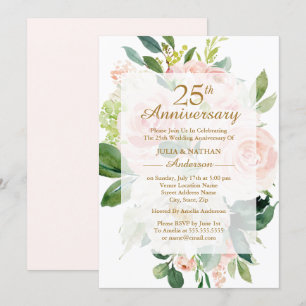 Elegant Pink Peach Bloom 25th Wedding Anniversary Invitation