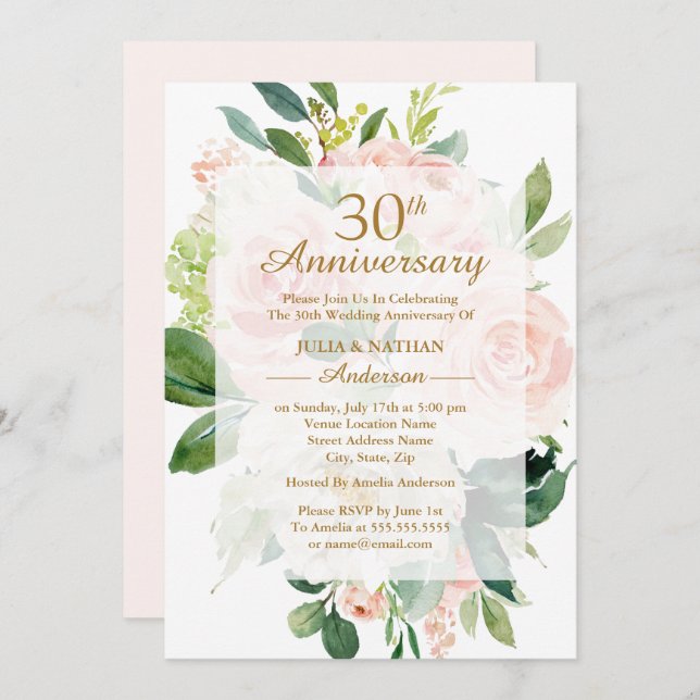Elegant Pink Peach Bloom 30th Wedding Anniversary Invitation (Front/Back)