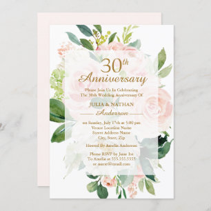 Elegant Pink Peach Bloom 30th Wedding Anniversary Invitation