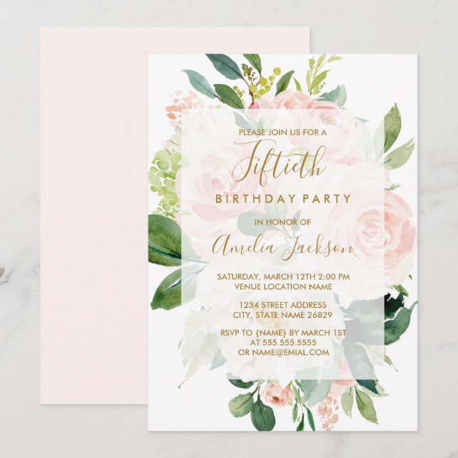 Elegant Pink Peach Bloom 50th Birthday Party Invitation (Front/Back)