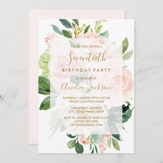 Elegant Pink Peach Bloom 70th Birthday Party Invitation (Front/Back)